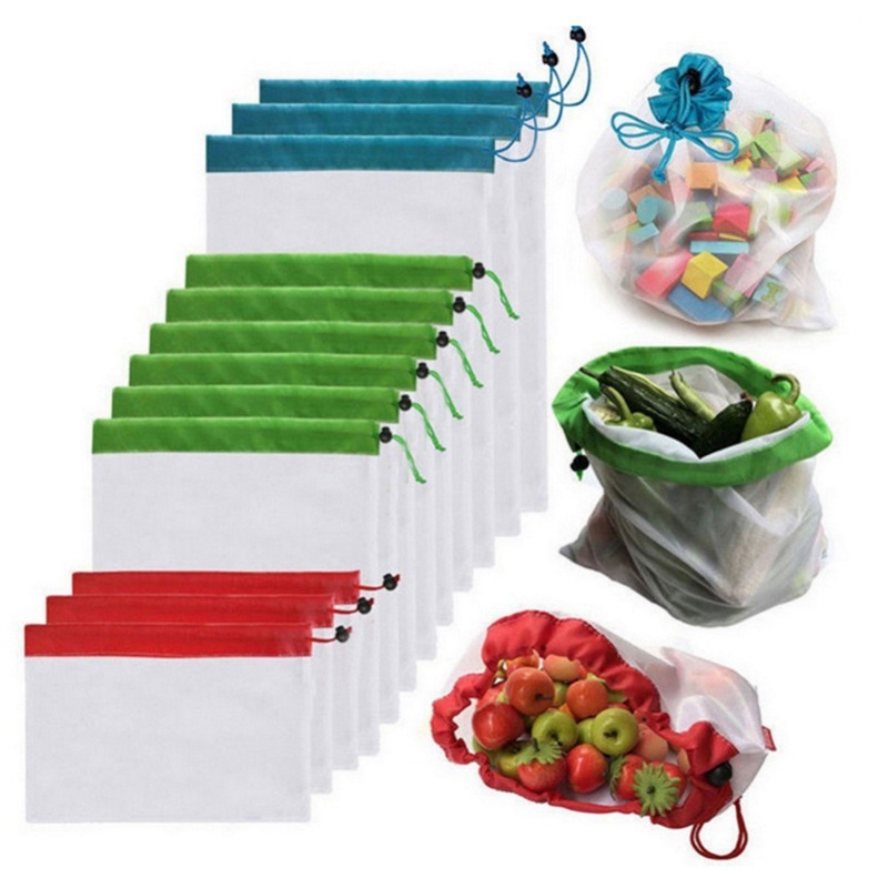 Produce Bag Reusable Mesh - 12pcs Kantong Jaring Penyimpanan Sayuran untuk