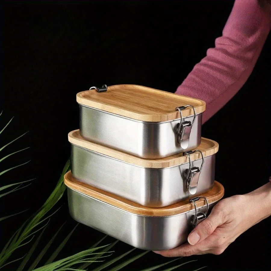 Food Storage In Stainless Steel - Kotak makan siang tutup bambu stainless