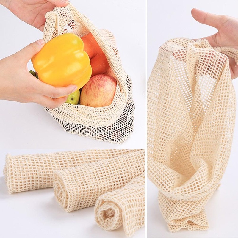 Produce Bag Reusable Mesh - 3 Buah/Lot Tas Sayuran Jaring Katun